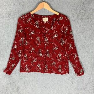 Sezane Heloise Blouse Size 34 US 2 Red Floral Long Sleeve Button V Neck Top